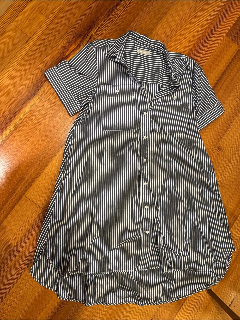Everlane Navy and White Striped High-Low Shirt Dress